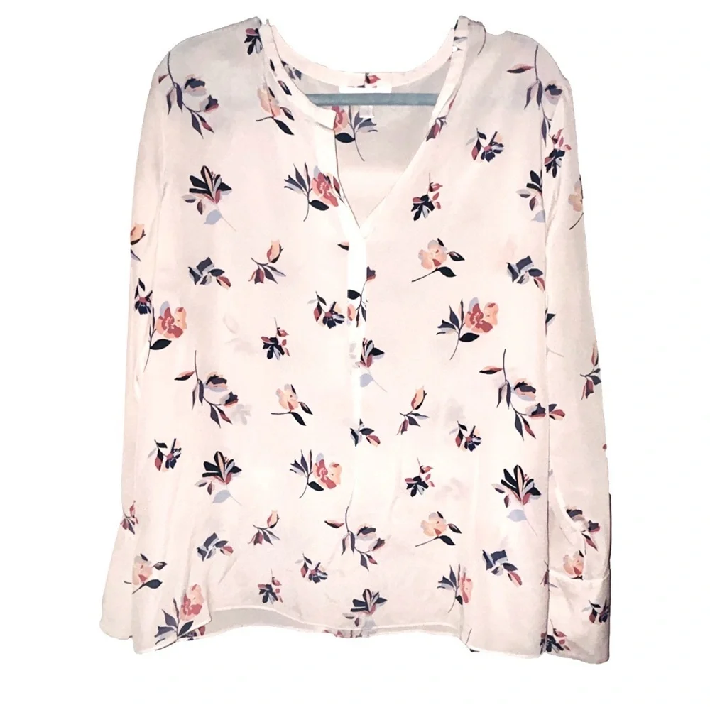 Emerson Rose Silk Top Floral Long Sleeves Size Large Cream Pink Pretty Pullover - Picture 1 of 9
